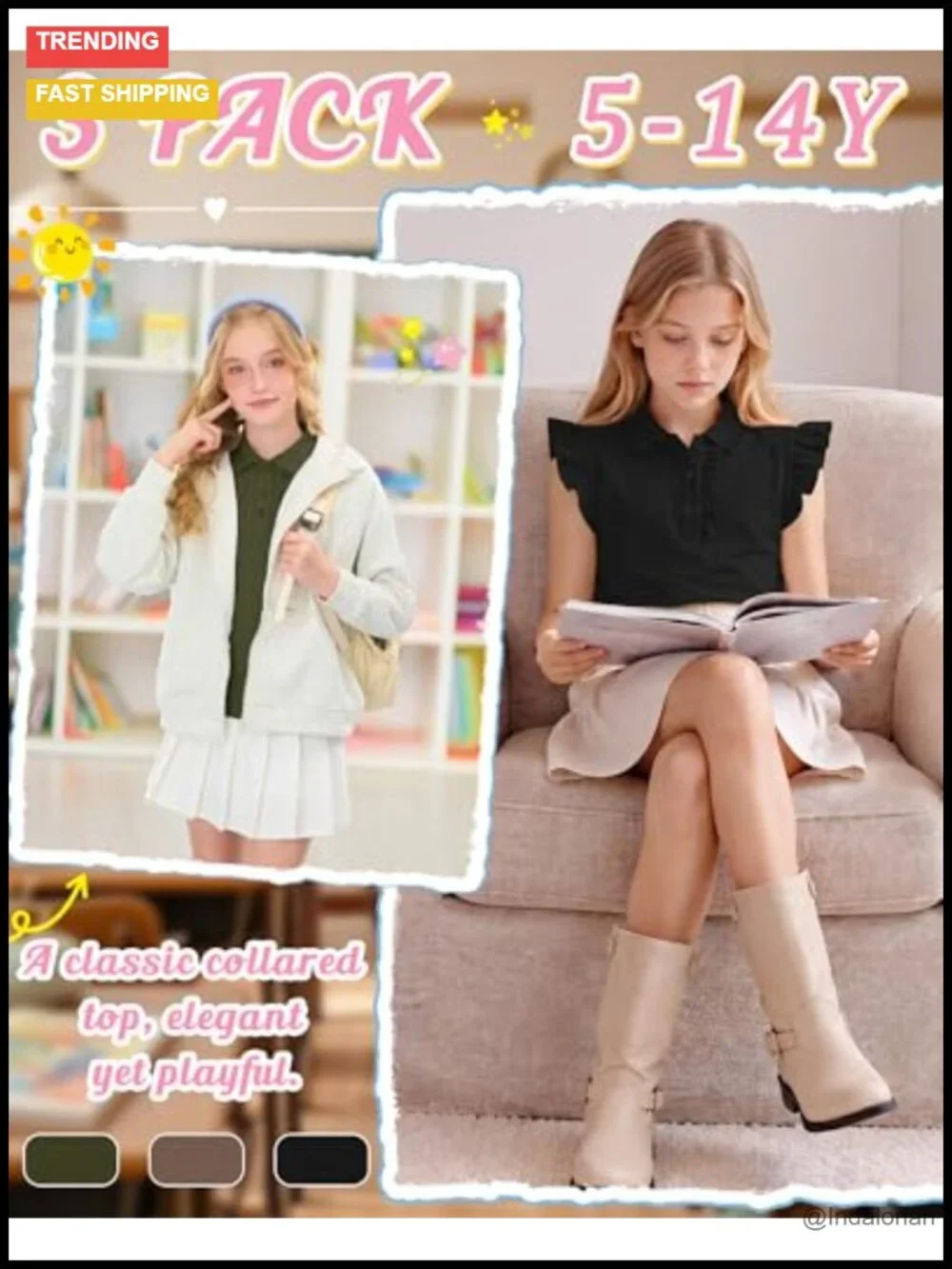 Girls 3pk Ruffle Sleeve Polo Top Short Sleeve Tee School Uniform
